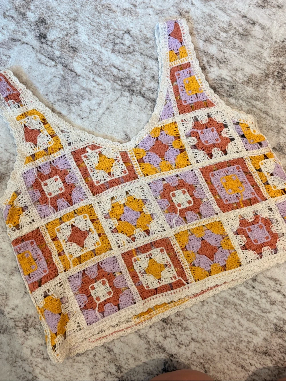 Rebellion Crochet Patchwork Crop Top in Cream, Mustard & Lavender - Picture 3 of 3